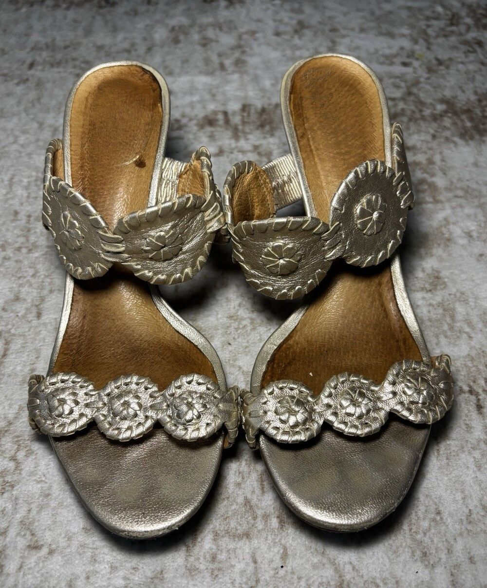 Jack Rogers Luccia Metallic Gold Leather Wedge Heel Sandals Women’s Size 7.5